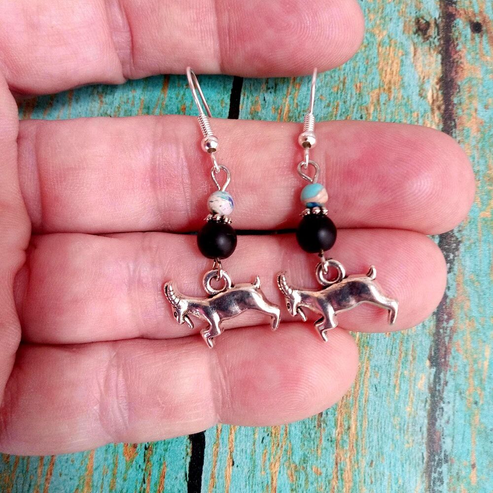 Beaded Goat Charm Dangle Earrings Black Silver Blue